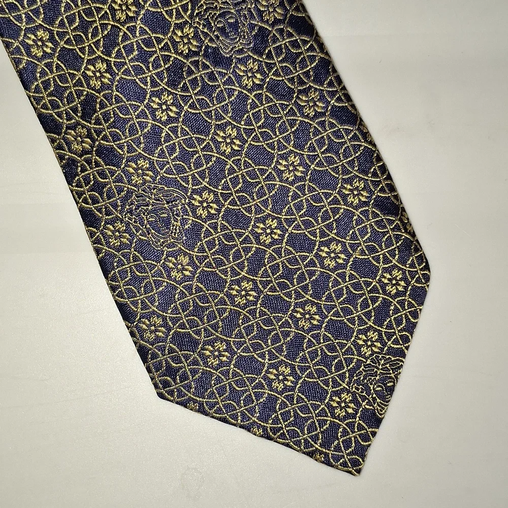 Vintage 90s Versace silk tie - navy blue/gold print